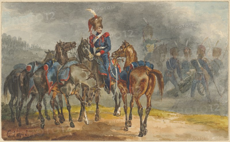 Battle scene with cavalry and infantry, watercolor on pencil, sheet: 8.5 x 14 cm, U. l., Signed in brown with pen: C. Vogel, Carl Christian Vogel von Vogelstein, Wildenfels 1788–1868 München