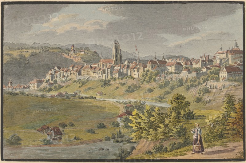 View of Freiburg i., Sculpture, watercolor over pencil, single-line rectangle edging, sheet: 8.6 x 13.1 cm, not marked, Achilles Bentz, Dietikon 1766–1852 Basel