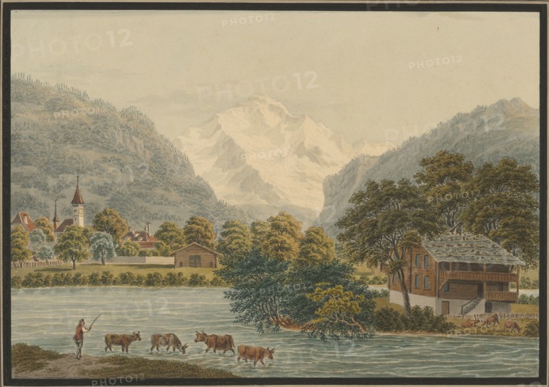 Vue d'Interlachen et de la Joungfrau, Canton de Berne, watercolor, single-line rectangle edging, mounted on gray tinted cardboard, sheet: 20.6 x 29.4 cm, U. M. inscribed on backing paper with pen in black: Vue d'Interlachen et de la Joungfrau, Candon de Berne, Dessiné pr., Benz, Achilles Bentz, Dietikon 1766–1852 Basel