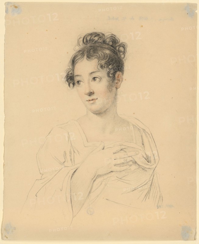 Half-length portrait of a young woman, 1800-1849, red and black chalk on thin paper, sheet: 25 x 20.4 cm, unmarked, Anonym, 19. Jh.