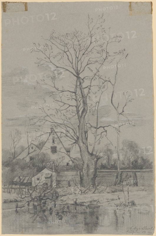 Two rural gabled houses in a garden behind Lattenhägen, in front of a pond with ducks and an almost leafless tree next to a slender trunk, 1883, chalk and pencil, heightened in white, on gray-blue construction paper, sheet: 46.7 x 31 cm, U. r., signed, inscribed and dated: C. Th. Meyer v., Basel., Munich., 83, Carl Theodor Meyer-Basel, Basel 1860–1932 St. Gallen