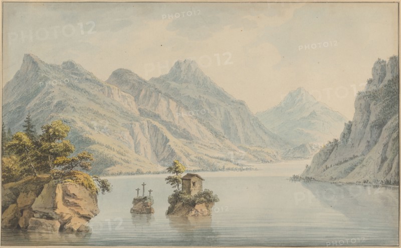 Lake Lucerne near the Old Town near Meggen, watercolor and quill, multiple rectangle edging, mounted on paper, sheet, image: 21.5 x 34.9 cm |, Leaf: 38 x 51 cm, Not referenced, Johann Ludwig Aberli, Winterthur 1723–1786 Bern