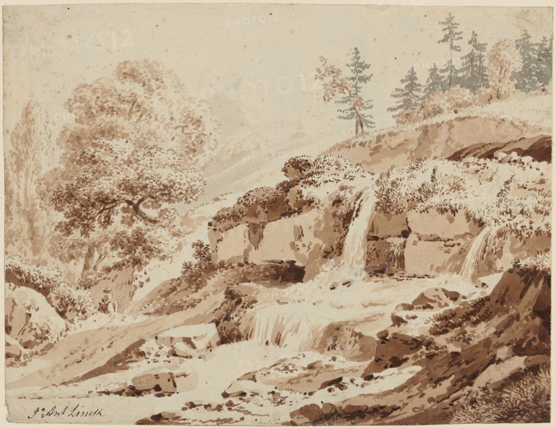 Small waterfall in the mountains, bistre and ink, washed, sheet: 15.1 x 20.1 cm, U. l., Signed with pen: J Ant Linck, Jean-Antoine Linck, Genf 1766–1843 Genf