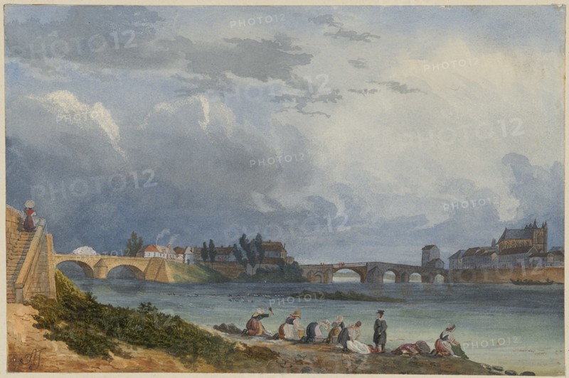 Six washerwomen on the river, one man, watercolor and cover color, sheet: 12.4 x 18.8 cm, U. l., monogrammed with feather: AT, Wolfgang Adam Töpffer, Genf 1766–1847 Morillon bei Genf