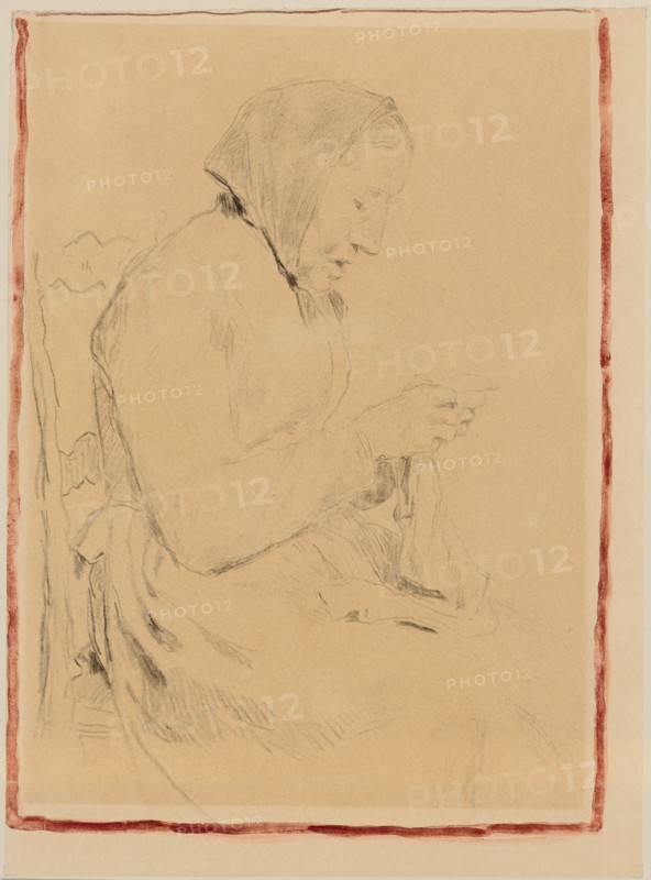 Knitting old mother, pencil, rectangle border with red watercolor paint, Leaf: 36.4 x 29.4 cm, Unmarked, Albert Anker, Ins/Bern 1831–1910 Ins/Bern