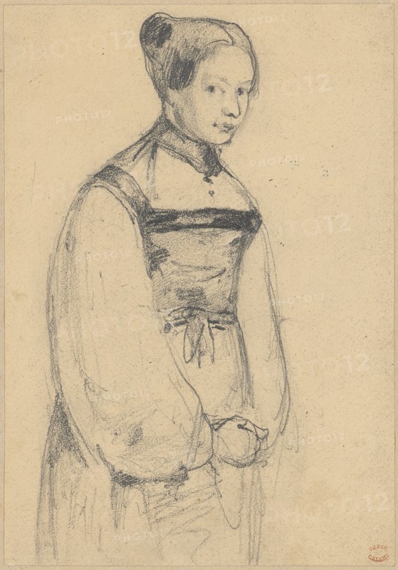 Bernese woman in long sleeved costume without hat, pencil, sheet: 15 x 10.4 cm, Unmarked, Alexandre Calame, Vevey 1810–1864 Menton