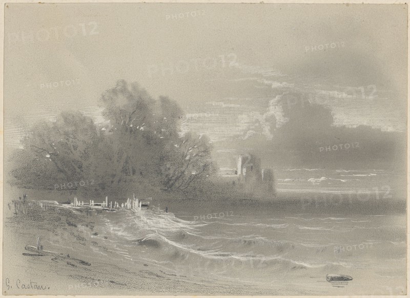 Seascape with billowing waves, pencil, white scraped, on light gray paper, sheet: 9.5 x 13.2 cm, U. l., Signed in pencil: G. Castan, Gustave Castan, Genf 1823–1892 Crozant/Limousin