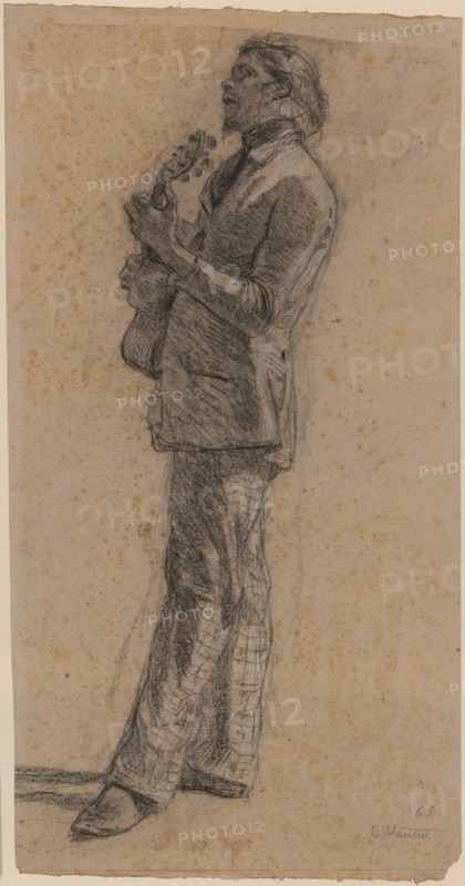 Singing Guitar Player, 1860, chalk, heightened with white, on light gray paper, sheet: 43.8 x 22.5 cm, U. r., dated and signed in pencil: 60, B. Vautier, Benjamin Vautier d. Ä., Morges/Waadt 1829–1898 Düsseldorf