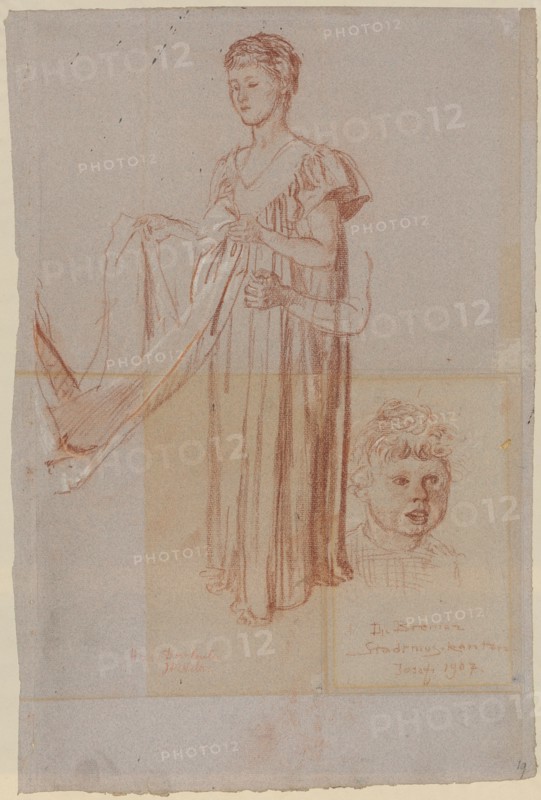 Study on a standing young girl folding a cloth, 1907, red chalk, heightened with white, on purple-gray paper, folio: 48 x 32 cm, U. M. inscribed with red chalk: Die Bremer, Stadtmusikanten, Josefi 1907, u, ., l, ., marked in red with chalk: Mr. Doct., Coulin AWelti, Albert Welti, Zürich 1862–1912 Bern