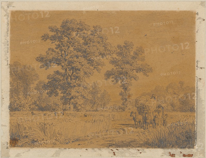 Harvest landscape, pencil on yellow-brown toned field of view, sheet: 12.3 x 16.1 cm, U. l., signed in pencil: RZünd, Robert Zünd, Luzern 1827–1909 Luzern