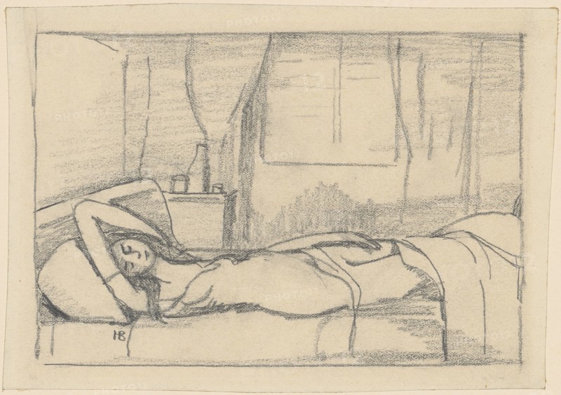 Sleeping girl act, pencil, one-line rectangle edging, sheet: 12.7 x 18.2 cm (largest mass), U. l., monogrammed in pencil: HB [ligated], Hans Brühlmann, Amriswil/Thurgau 1878–1911 Stuttgart