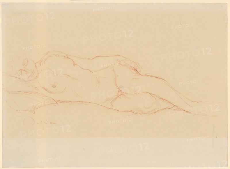 Lying female act, red chalk, leaf: 26.9 x 36.9 cm, U. l., signed with red chalk: C. Despiau, Charles Despiau, Mont-de-Marsan/Landes 1874–1946 Paris