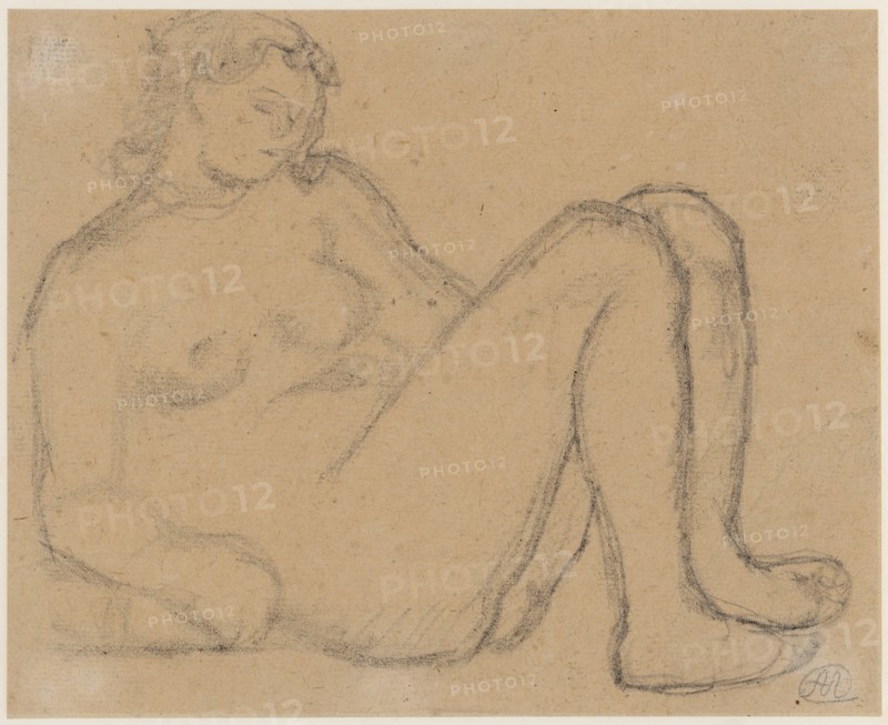 Girl act, chalk on brownish paper, mounted, leaf: 21.3 x 26.2 cm, U. r., monogrammed in pencil: M [in the oval], Aristide Maillol, Banyuls-sur-Mer/Pyrénées-Orientales 1861–1944 Banyuls-sur-Mer/Pyrénées-Orientales
