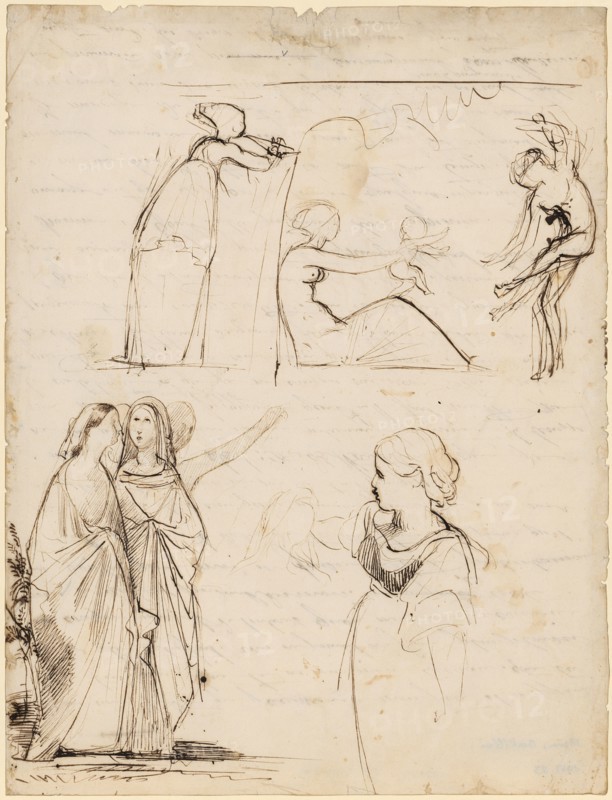 Young woman with child between flute and dancer sitting on floor., Women's group, wrapped in coats, maybe study on the way of the Marien to the grave - girl to the left, elbow, feather in brown, sheet: 25.5 x 19.5 cm, unsigned, Barthélemy Menn, Genf 1815–1893 Genf