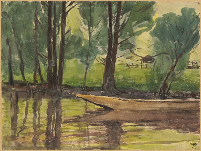 Weidling on the bank of a calm water, the green pastures and umhagtes meadow long skirt, watercolor on pencil, sheet: 23.7 x 31.7 cm, U. r., monogrammed with a brush: TP [ligated], Theophil Preiswerk, Basel 1846–1919 Basel