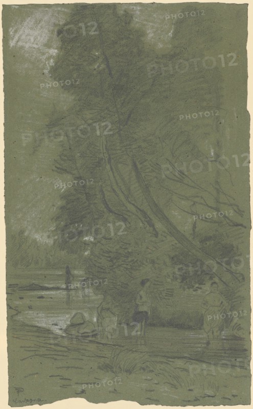 Bathers on wooded shore, pencil, heightened in white, on gray-green paper, sheet: 42 x 25.2 cm, U. l., Monogrammed and inscribed in pencil: TP [ligated], Lavagna, Theophil Preiswerk, Basel 1846–1919 Basel