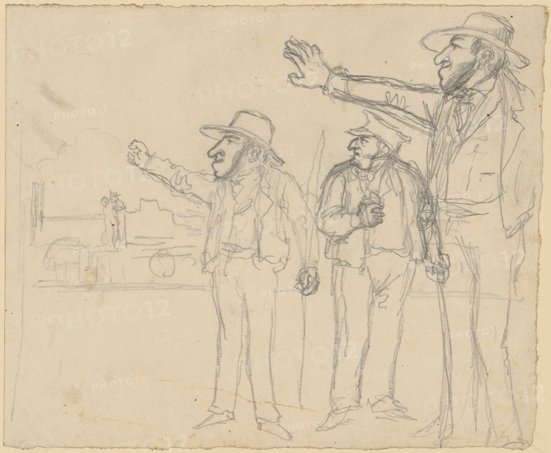 Three standing, left-facing men with a dismissive gesture in front of a leftward railway., One is varied in a smaller and larger version., Pencil, Sheet: 19.6 x 24.1 cm, Not marked, Hieronymus Hess, Basel 1799–1850 Basel