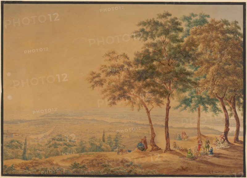 Landscape at the Bosphorus., On a hill in the foreground, 17 Turks are encamped by five trees., View of river and sea, watercolor over pencil, single-line rectangle edging, sheet: 24.3 x 33.9 cm, U. r., Signed and inscribed with pen: J J Falkeisen fec, Johann Jakob Falkeisen, Basel 1804–1883 Basel