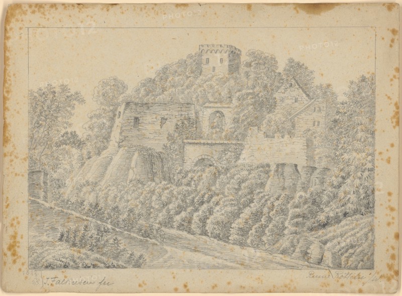 Ruin Rötteln, W, 1822, pencil, single-line rectangle edging, verso: pencil, sheet: 22.6 x 16 cm, Johann Jakob Falkeisen, Basel 1804–1883 Basel