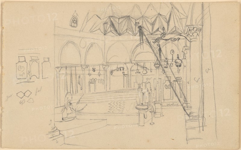 Sketch Sheet: 1: Inside of a Mosque, 1843, Pencil, Sheet: 11.4 x 18.5 cm, Unmarked, Johann Jakob Falkeisen, Basel 1804–1883 Basel