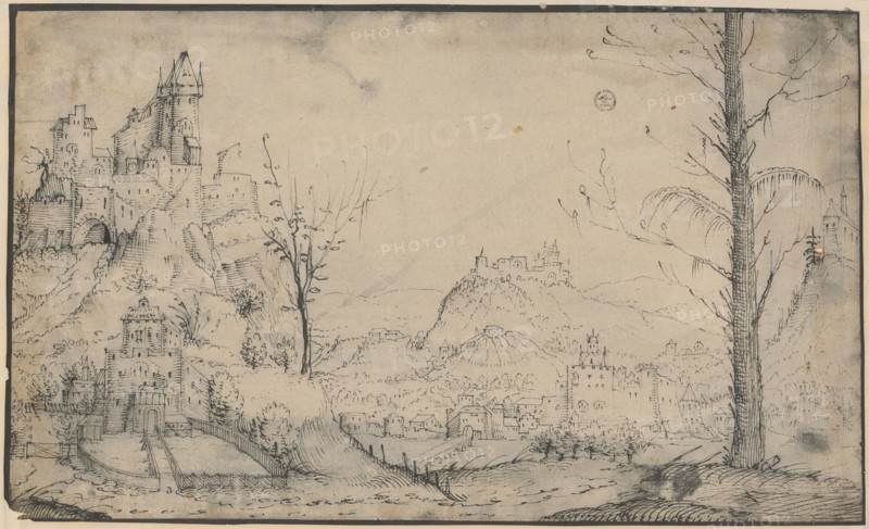 Landscape with city and castles, pen in black, sheet: 17.5 x 29 cm, not marked, Augustin Hirschvogel, (Kopie nach / copy after), Nürnberg 1503–1553 Wien
