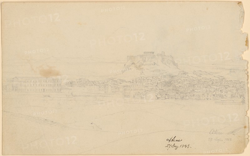 Sketch sheet: 3: Atene, 24 Luglio 1843 Panorama with Acropolis, 1843, pencil, verso: pencil, sheet: 11.4 x 18.5 cm, U. r., inscribed and dated in pencil: Atene, 24 Luglio 1843, u, ., r., with pen: Atene, Dec. 27, 1843, Johann Jakob Falkeisen, Basel 1804–1883 Basel