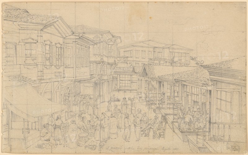 Sketch Sheet: 5: Turkish Street Life between the Bazaars, 1843, pencil, sheet: 11.4 x 18.5 cm, signed in pencil in pencil: il giarsi isole dei principi Agosto 1843, Johann Jakob Falkeisen, Basel 1804–1883 Basel