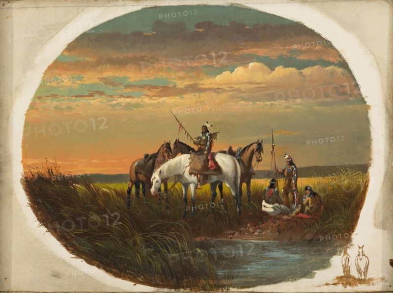 John Mix Stanley, American, 1814-1872, A Halt on the Prairie for a Smoke, between 1860 and 1872, oil on canvas, Unframed: 8 7/8 × 11 1/4 inches (22.5 × 28.6 cm)