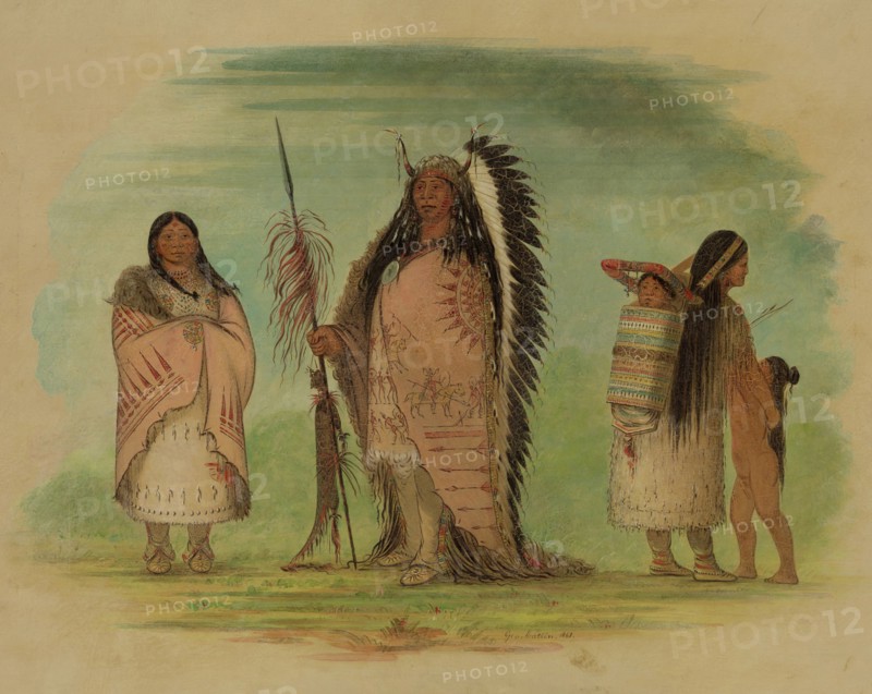 George Catlin, American, 1796-1872, Chief Black Rock with His Wife and Daughter, 1865, watercolor, Image: 14 1/2 × 19 1/2 inches (36.8 × 49.5 cm)
