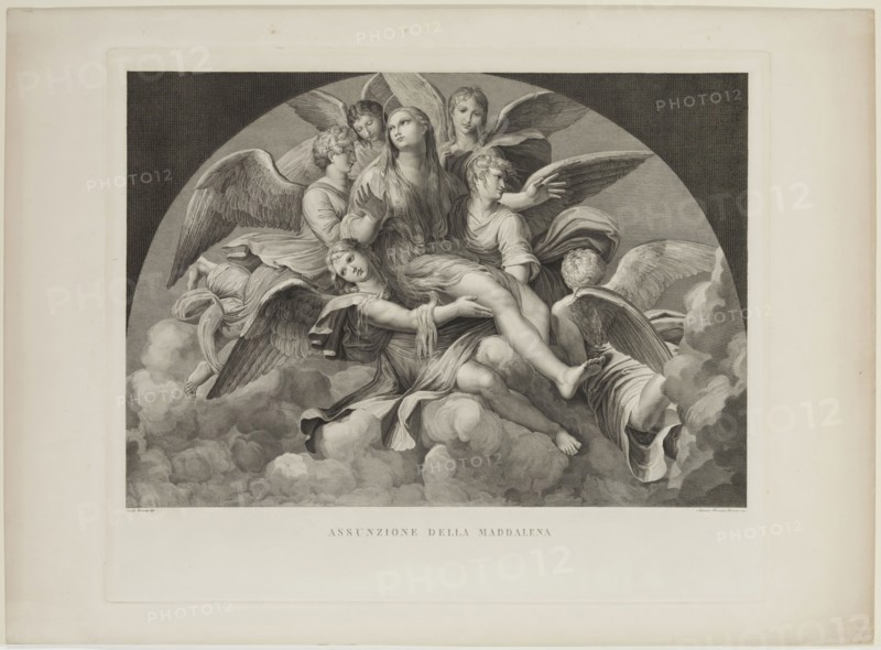 Antonio Ricciani, Italian, 1775-1836, after Giulio Romano, Italian, 1499-1546, Assumption of Mary Magdalene, 19th Century, Engraving printed in black on wove paper, plate: 17 1/4 x 20 3/4 in.