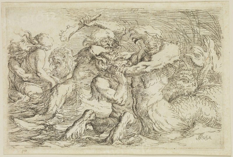 Salvator Rosa, Italian, 1615-1673, Combat of Tritons, 17th century, etching printed in black ink on laid paper, Plate: 4 1/4 × 6 1/2 inches (10.8 × 16.5 cm)
