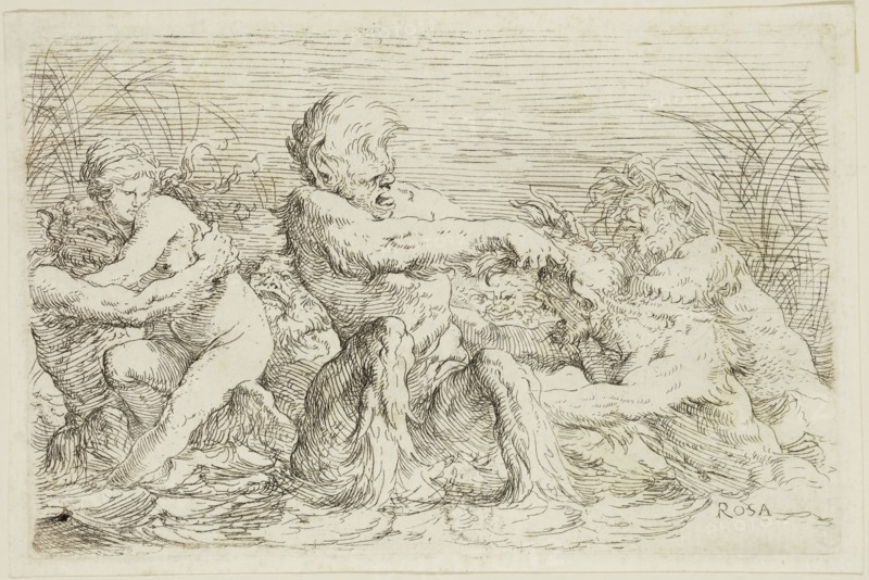 Salvator Rosa, Italian, 1615-1673, Three Battling Tritons with a Nereid, 17th century, etching printed in black ink on laid paper, Plate: 4 1/4 × 6 1/2 inches (10.8 × 16.5 cm)