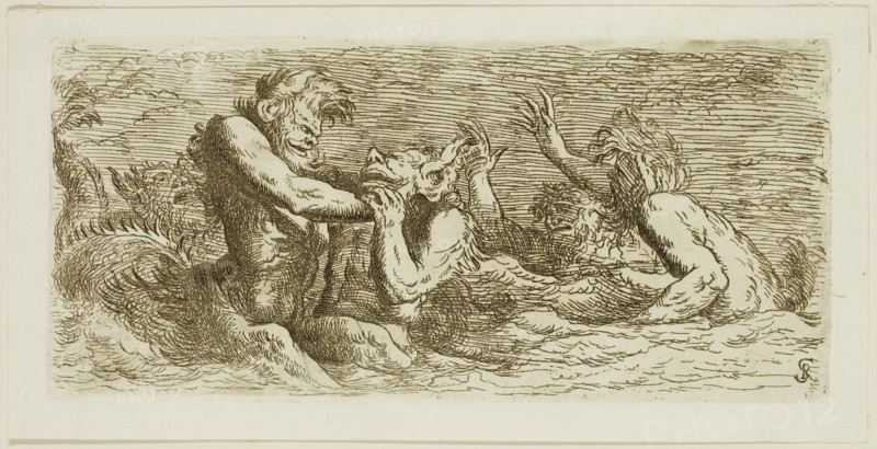 Salvator Rosa, Italian, 1615-1673, Combat of Tritons, 17th century, etching printed in brown-black ink on laid paper, Plate: 3 5/8 × 8 inches (9.2 × 20.3 cm)