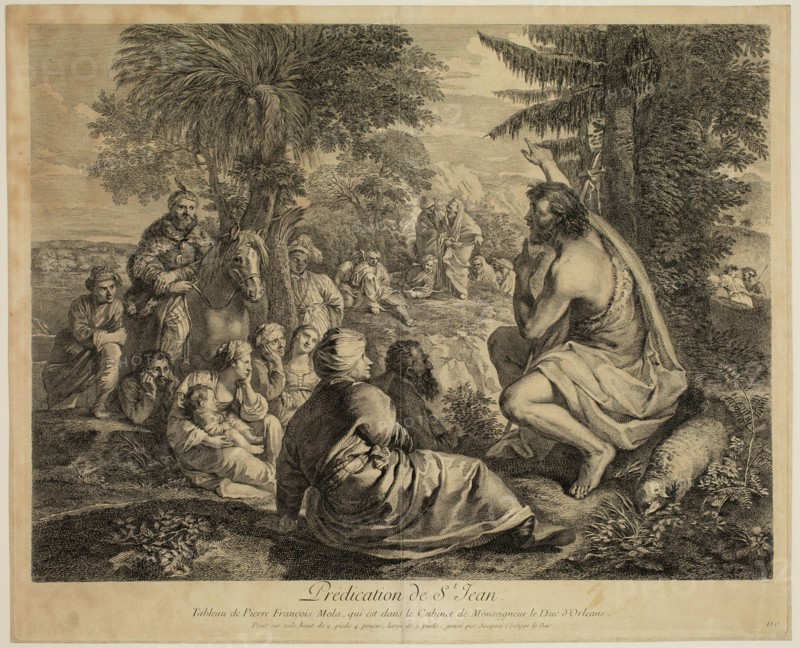 Jacques Philippe Le Bas, French, 1707-1783, after Pietro Francesco Mola, Italian, 1612-1666, Predication de Saint Jean, between 1707 and 1783, etching and engraving printed in black ink on laid paper, Plate: 7 1/4 × 21 1/4 inches (18.4 × 54 cm)