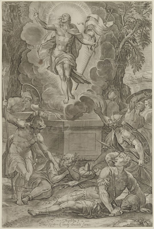 Martino Rota, Italian, 1520-1583, Resurrection of Christ, between 1520 and 1583, engraving printed in black ink on laid paper, Sheet (trimmed within plate mark): 17 × 11 1/4 inches (43.2 × 28.6 cm)