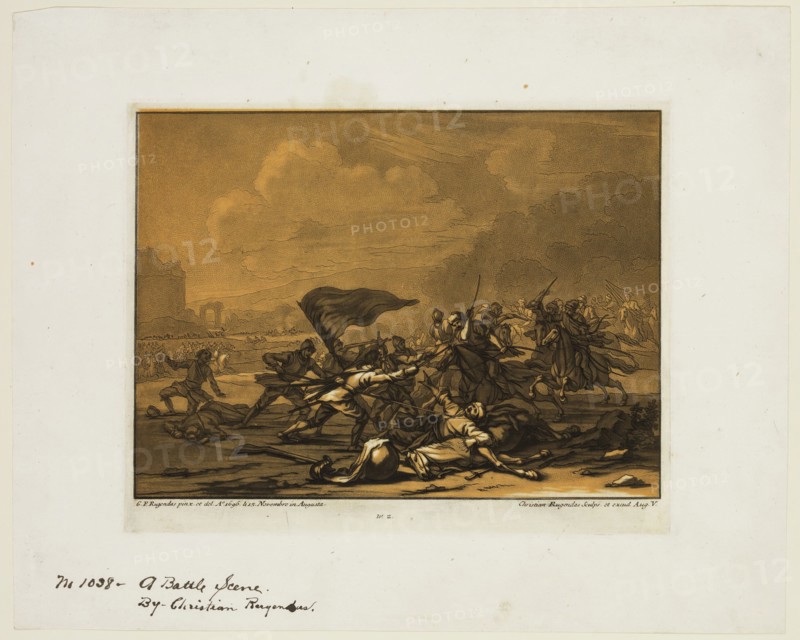 Christian Rugendas, German, 1708-1781, after Georg Philipp Rugendas, German, 1666-1742, Battle Scene, 18th century, etching and aquatint printed in color ink on laid paper, Plate: 7 × 8 7/8 inches (17.8 × 22.5 cm)