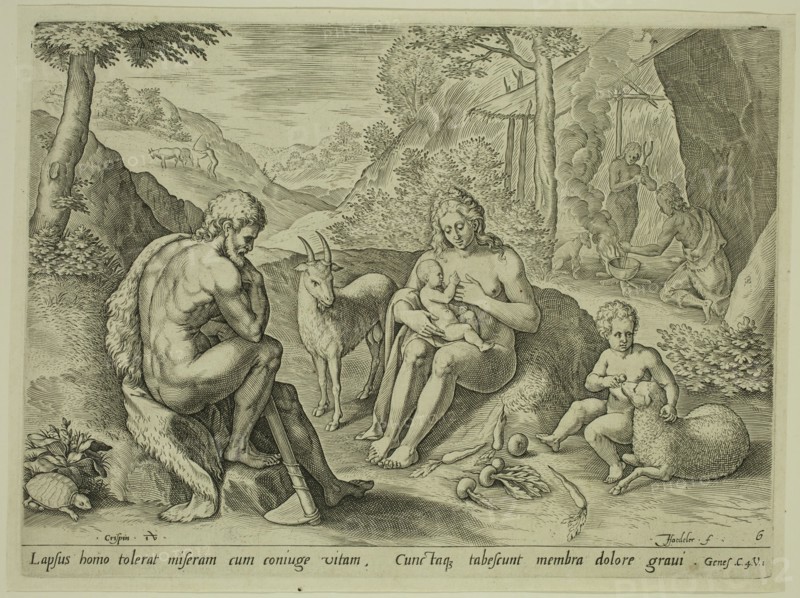 Johannes Sadeler, Netherlandish, 1550-1600, after Crispin van den Broeck, Netherlandish, 1524-1591, The First Parents, Eve Suckling One of Her Children, late 16th century, engraving printed in black ink on laid paper, Plate: 7 7/8 × 10 5/8 inches (20 × 27 cm)