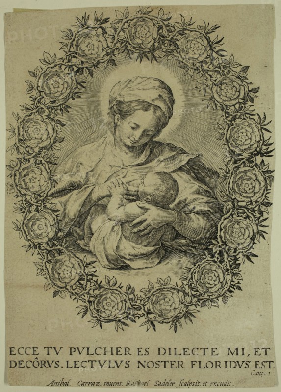 Raphael Sadeler I, Netherlandish, 1560-1632, after Annibale Carracci, Italian, 1560-1609, Virgin Suckling the Child, between 1560 and 1632, engraving printed in black ink on laid paper, Sheet (trimmed within plate mark): 5 3/8 × 3 3/4 inches (13.7 × 9.5 cm)
