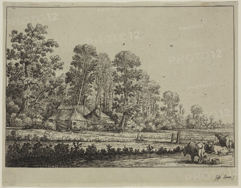 Herman Saftleven the Younger, Dutch, 1609-1685, Landscape with Woman Milking a Cow, 17th century, etching printed in black ink on laid paper, Plate: 5 3/4 × 7 1/2 inches (14.6 × 19.1 cm)