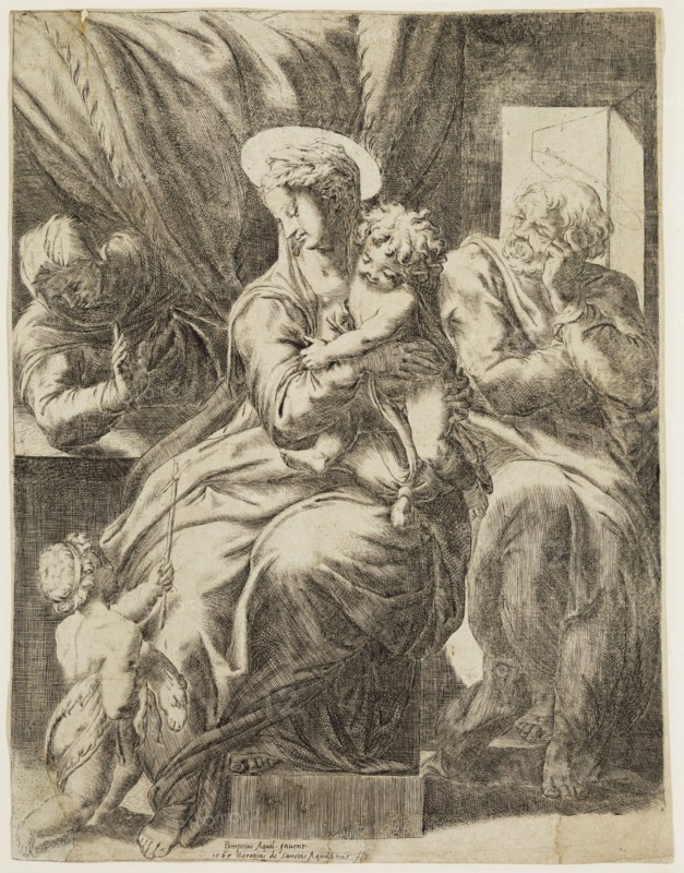 Orazio de Santis, Italian, active 1568-1584, The Holy Family with Saint Elizabeth and Saint John the Baptist, 1568, engraving printed in black ink on laid paper, Sheet (trimmed within plate mark): 9 3/4 × 7 1/2 inches (24.8 × 19.1 cm)