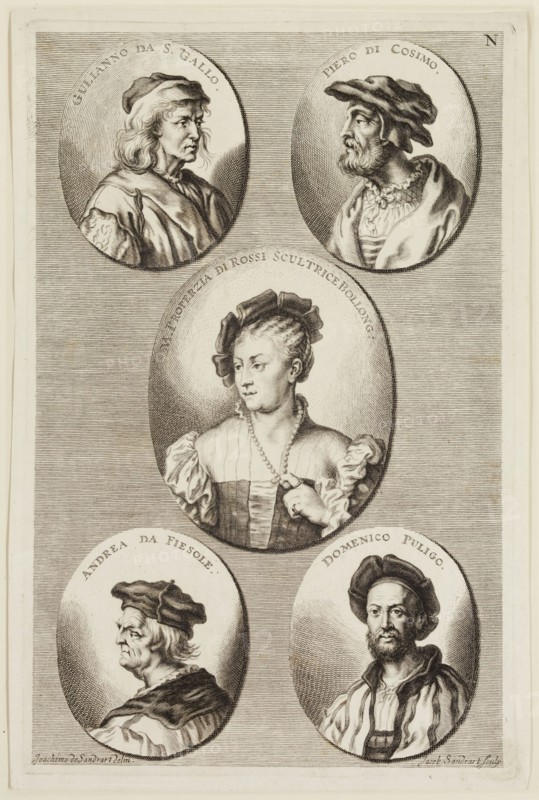 Jacob von Sandrart, German, 1630-1708, after Joachim von Sandrart I, German, 1606-1688, Portraits of Gulianno da San Gallo, Piero di Cosimo, Properzia de'Rossi, Andre de Fiesole, Domenico Puligo, ca. 1683, engraving printed in black ink on laid paper, Plate: 12 5/8 × 8 1/8 inches (32.1 × 20.6 cm)