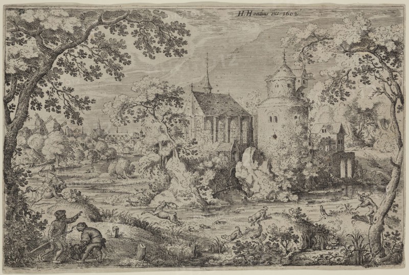 Jacob, I Savery, Netherlandish, 1565-1603, Deer Hunt in a Swamp before a Chapel and Tower, c. 1602, Etching and engraving printed in black on laid paper, sheet (trimmed within plate mark):