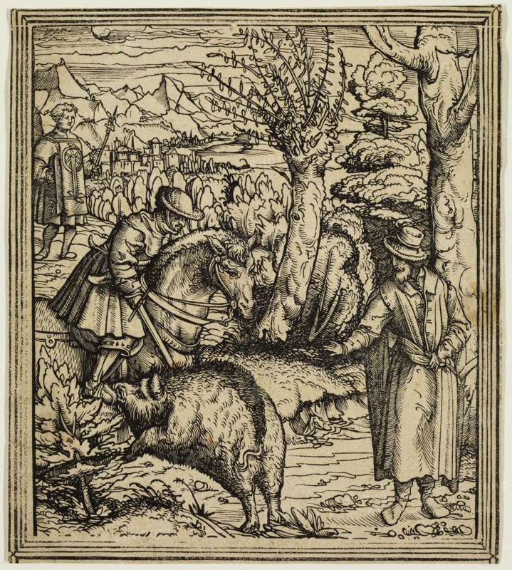 after Hans Leonard Schäufelein, German, 1480-1540, Horseman Attacked by a Wild Boar, ca. 1517, woodcut printed black ink on laid paper, Image and sheet: 6 3/4 × 6 inches (17.1 × 15.2 cm)