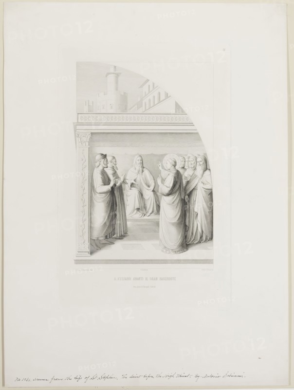 Antonio Schiassi, Italian, 1807-1877, after Fra Angelico, Italian, ca. 1400-1455, Saint Stephen Before the High Priest, 19th century, Engraving printed in black ink on wove paper, Plate: 16 1/2 × 10 3/4 inches (41.9 × 27.3 cm)