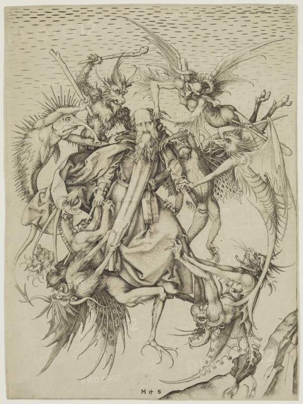 Martin Schongauer, German, 1450-1491, Temptation of Saint Anthony, between 1470 and 1475, engraving printed in black ink on laid paper, Sheet (trimmed within plate mark): 12 1/4 × 9 1/8 inches (31.1 × 23.2 cm)