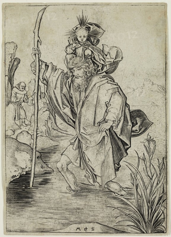 Martin Schongauer, German, 1450-1491, Saint Christopher, 15th century, engraving printed in black ink on laid paper, Image: 6 3/8 × 4 1/2 inches (16.2 × 11.4 cm)