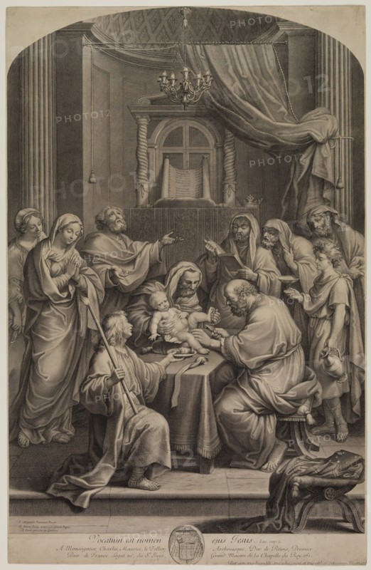 Gerhard Scotin, French, 1643-1715, after Pierre Mignard, French, 1612-1695, The Circumcision of Christ, between 1643 and 1715, Engraving printed in black on laid paper, Sheet (trimmed within plate mark): 26 1/8 × 16 7/8 inches (66.4 × 42.9 cm)