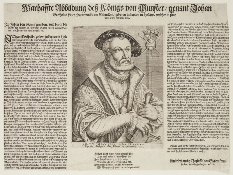Christoffel van, I Sichem, Netherlandish, 1546-1624, after Jan Cornelisz, van't Woudt, Dutch, 1570-1615, Johan Beuckels van Leyden, ca. 1605, engraving printed in black ink on laid paper, Plate: 7 3/8 × 5 1/2 inches (18.7 × 14 cm)