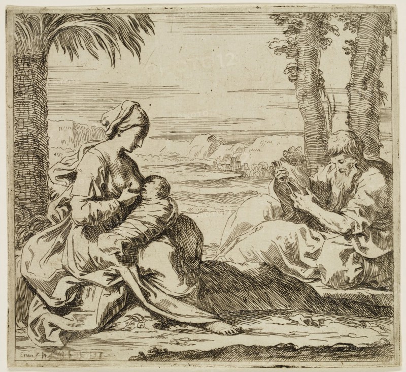 Elizabetta Sirani, Italian, 1638-1665, Rest on the Flight into Egypt, mid-17th century, etching printed in black ink on laid paper, Plate: 6 5/8 × 7 1/8 inches (16.8 × 18.1 cm)