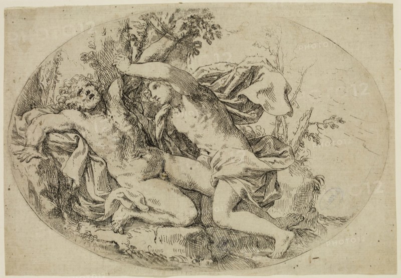 Giovanni Andrea Sirani, Italian, 1610-1670, Apollo and Marsyas, 17th century, etching printed in black ink on laid paper, Sheet (trimmed within plate mark): 5 1/2 × 7 7/8 inches (14 × 20 cm)